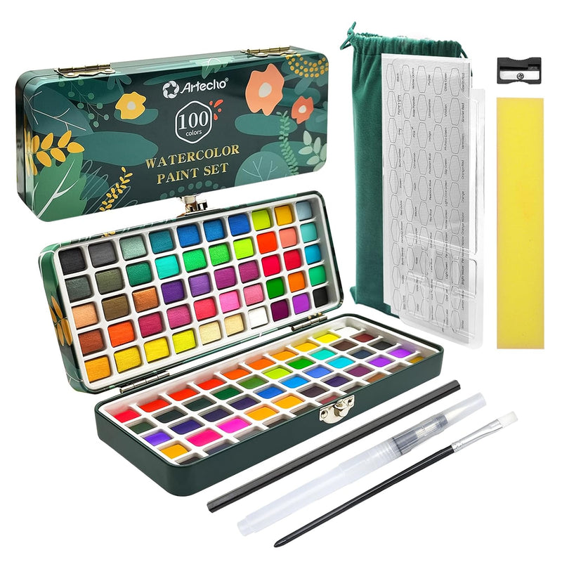 100 Colors Watercolor Paint Set with Metallic Finishes, Portable Metal Case