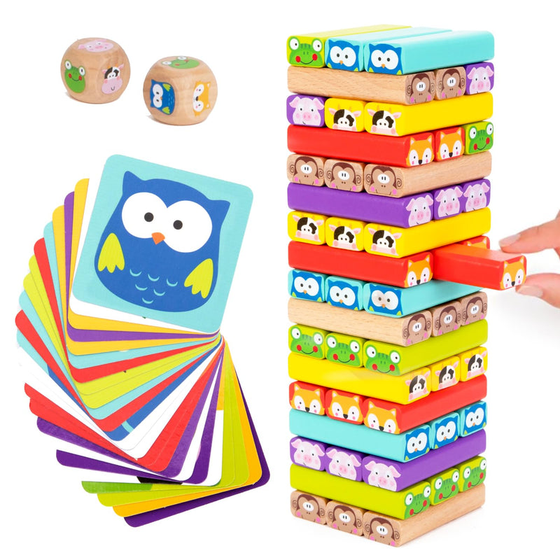 Wooden Tumble Tower Game With Animals & Colors, 4 In 1 Educational Family B