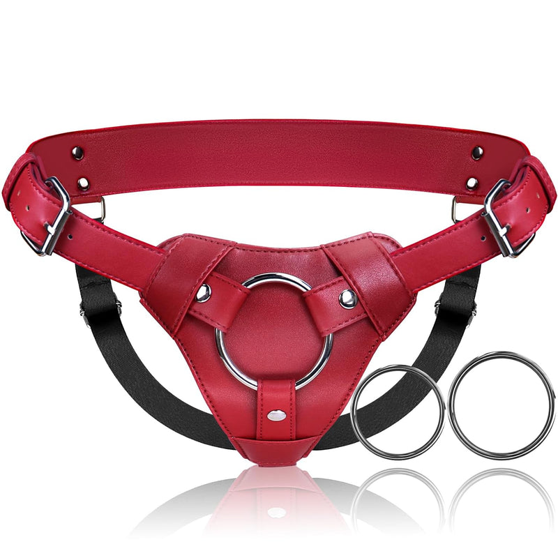 Strap On Dildo Harness Adult Sex Toys For Women Men Pegging Dildo, Adjustable Waist And Thigh Soft Nylon Vegan Leather Belt With 2 Size Metal O-Rings For Lesbian Gay Couple Vaginal Anal Play (Red)