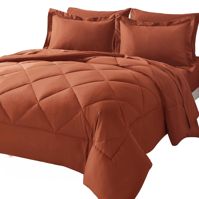 Queen Comforter Set With Sheets 7 Pieces Bed In A Bag Burnt Orange All Season Bedding Sets With Comforter, Pillow Shams, Flat Sheet, Fitted Sheet And Pillowcases