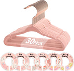Baby Hangers, 11 Inch Pink Velvet Kids Hangers with 6 Pcs Size Dividers Non Slip Nursery Children Closet Clothes Hangers for Infant Toddler Girls & Boys - 30 Pack