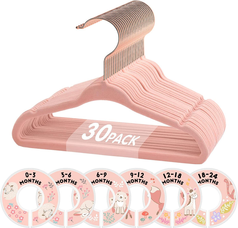Baby Hangers, 11 Inch Pink Velvet Kids Hangers with 6 Pcs Size Dividers Non Slip Nursery Children Closet Clothes Hangers for Infant Toddler Girls & Boys - 30 Pack