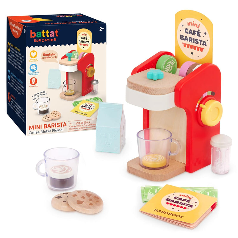 Wooden Barista Playset Toy Coffee Maker & Accessories With Realistic Sounds Pr