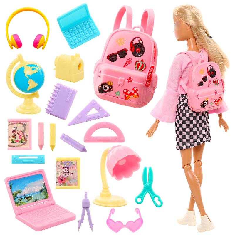 19 Pcs Girl Doll School Accessories Mini Doll Backpack Mini Desk Lamp Lapto