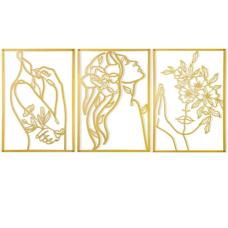 3 Pcs Gold Wall Decor Above Bed Minimalist For Living Room Metal Line Art - Fe