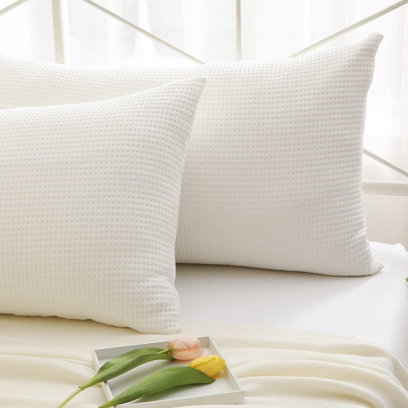 Off White Waffle Weave Pillow Shams Standard Size Set Of 2, Washed Cotton 20X2