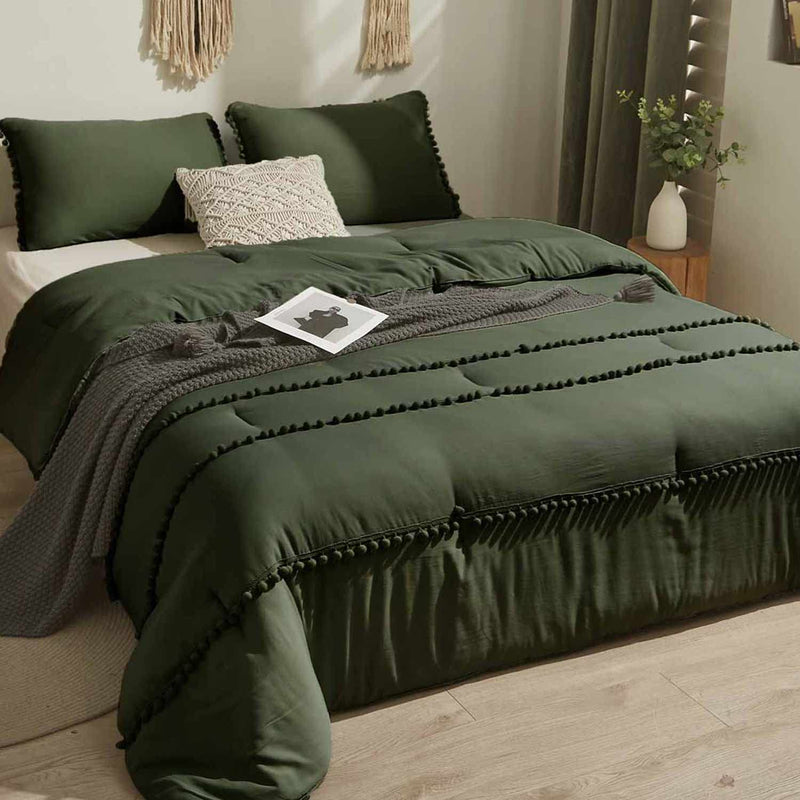 King Size Comforter Set Pom Pom, 3 Piece Boho Chic Bed Set, All Season Farmhou