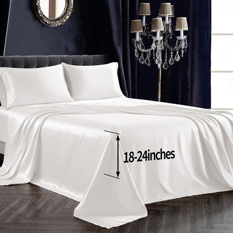 4Pcs Satin Sheet Extra Deep Pocket Queen Size, Ultra Silky Soft Ivory White Sa