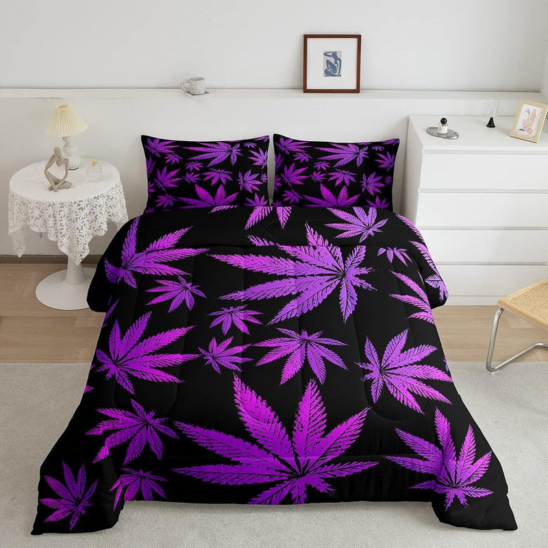 Marijuana Leaf Queen Size Black Purple Comforter Set Weed Leaf Botanical Beddi