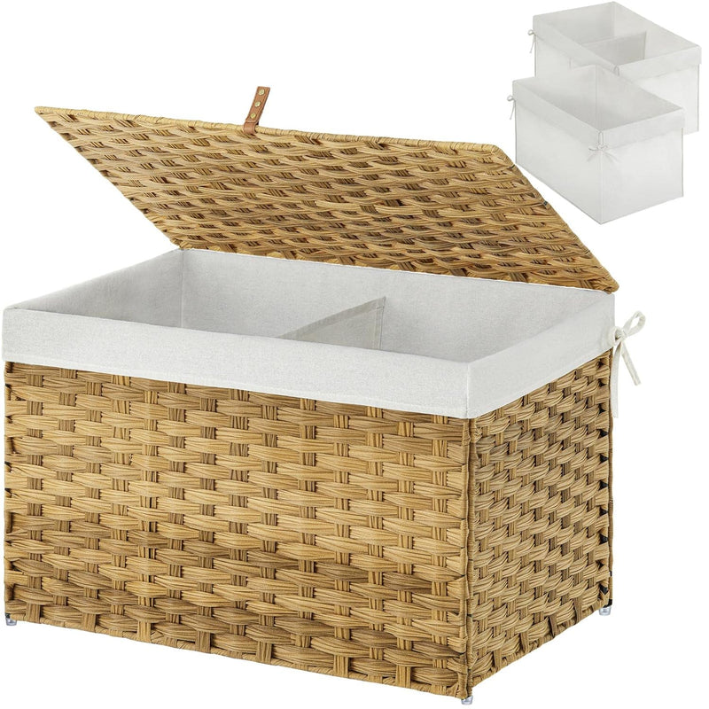 Storage Basket With Lid, Handwoven Large Shelf Basket With Cotton Liner And Meta