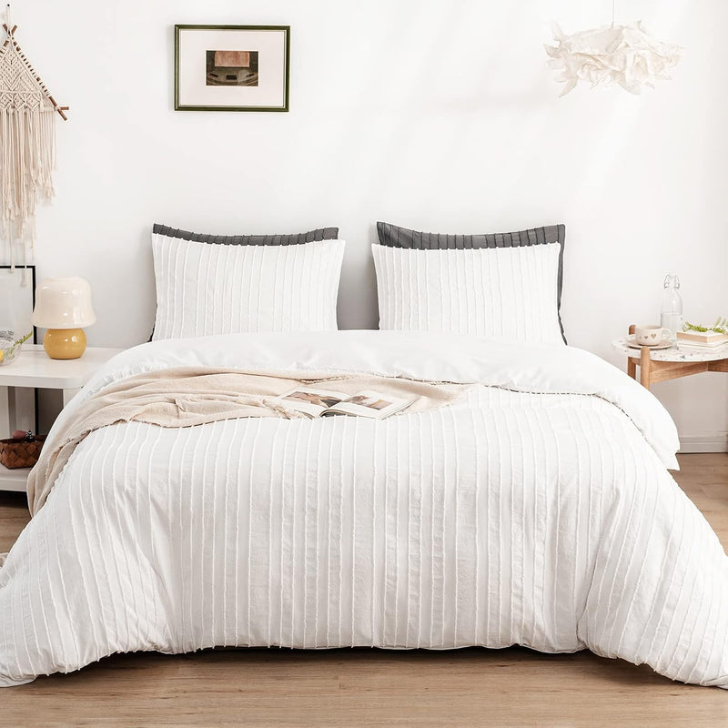 White Boho Duvet Cover Set Queen Size, Striped Textured Tufted Bedding Set, 3