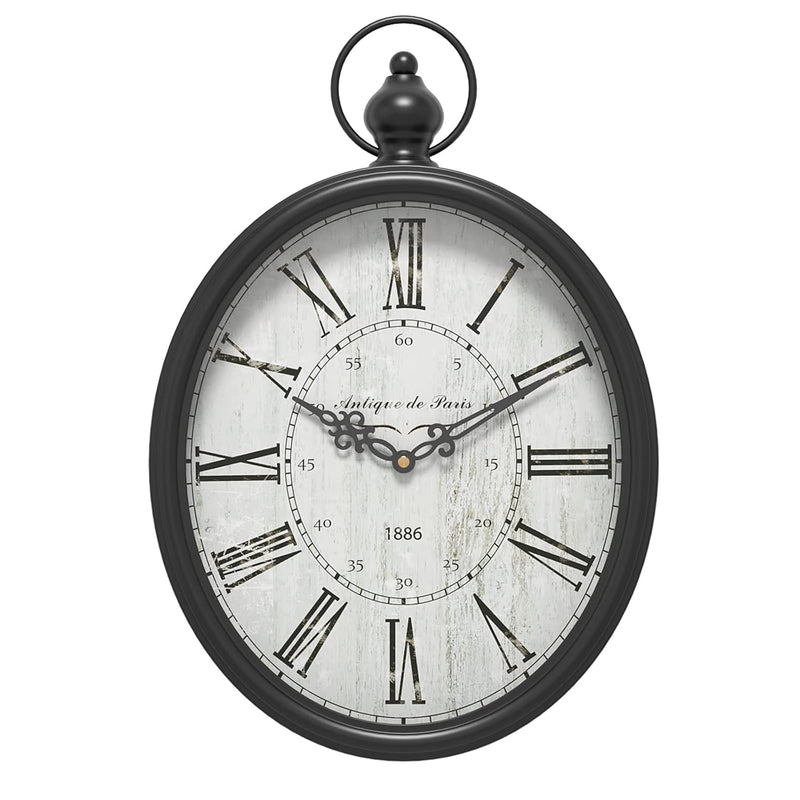 Oval Retro Wall Clock, Rustic Vintage Style, Black Antique Design, Battery Ope