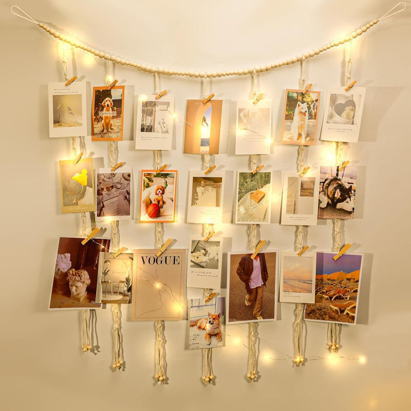 Macrame Hanging Photo Display Boho Wall Decor, Picture Christmas Card Holder W