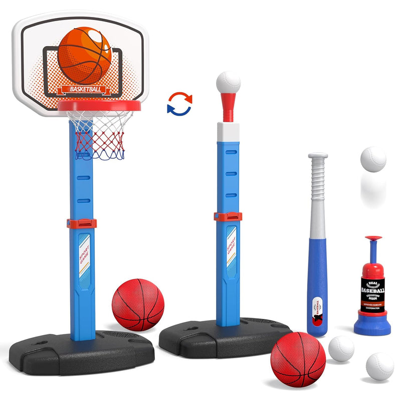 2 In 1 Kids Basketball Hoop And T Ball Set Adjustable Height, Kids Baseball