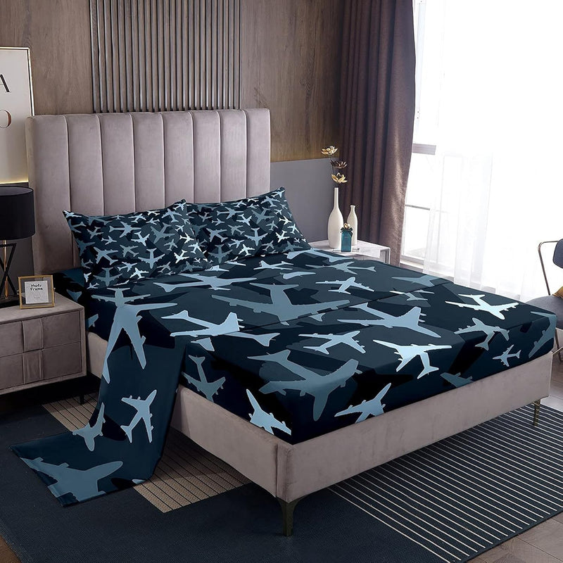 Boys Sheet Set Queen Size Kids Aircraft Bed Sheets Cartoon Helicopter Airplane