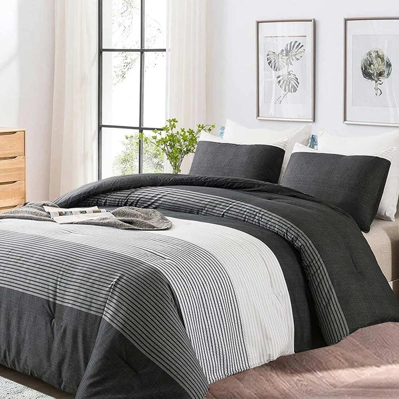 Queen Comforter Set , Grey & Black Patchwork Stripe Pattern Print Reversible D