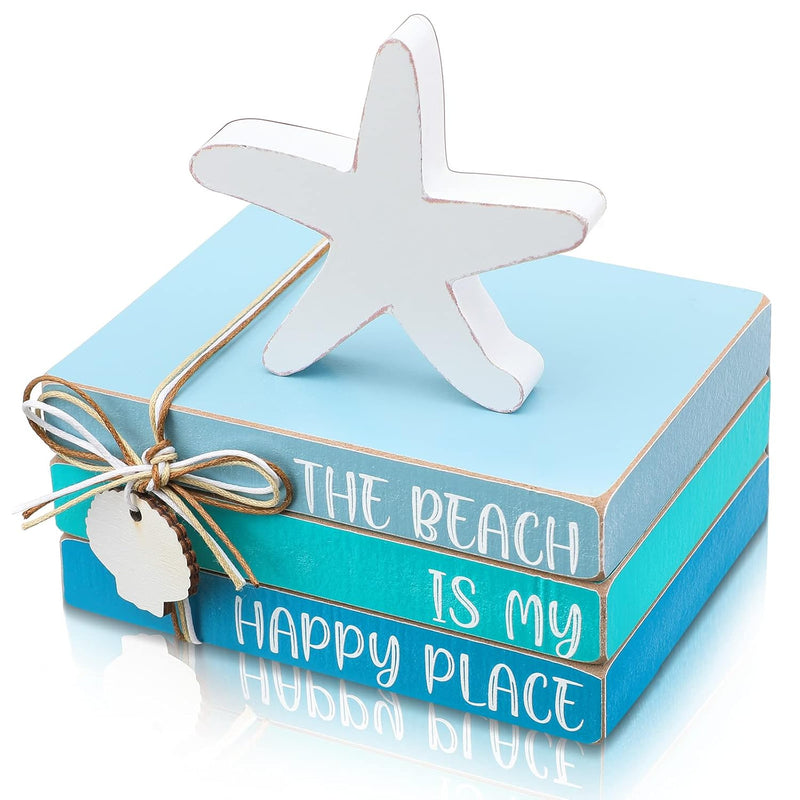 4 Pieces Beach Wooden Decor Beach Tiered Tray Decor Mini Wood Book Stacks Beac