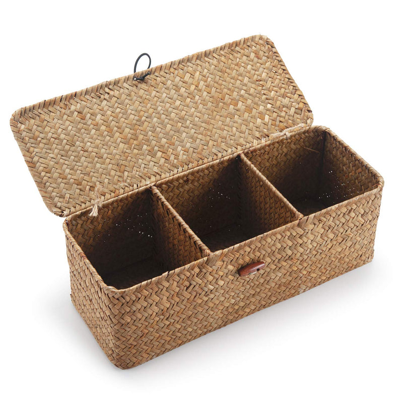 Seagrass Storage Basket With Lid Rectangular Small Woven Shelf Baskets With Sect