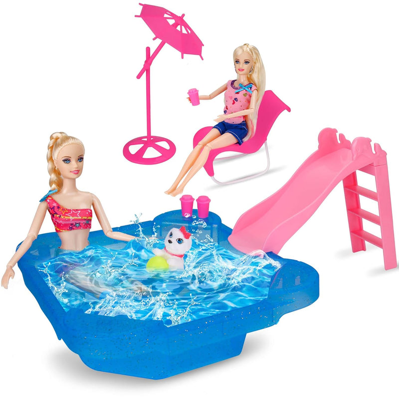 Pool Playset Glam Pool With Slide, Doll Pool Accessories Includes Beach Cha