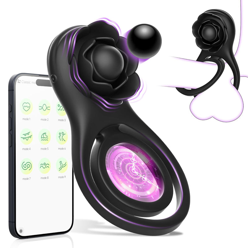 Vibrating Cock Ring With Rose Clitoral Stimulator,Couples Adult Sex Toys For Men Women, Pleasure Penis Ring Vibrator With 9 Vibrations G Spot Stimulation,Male Vibrator Sex Toys