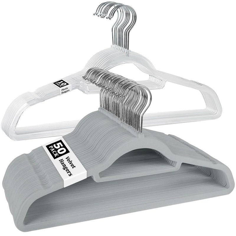 Velvet Hangers 50 Pack With 10 Bonus Clear Clothes Hanger, 17.6" Felt Hangers Fo