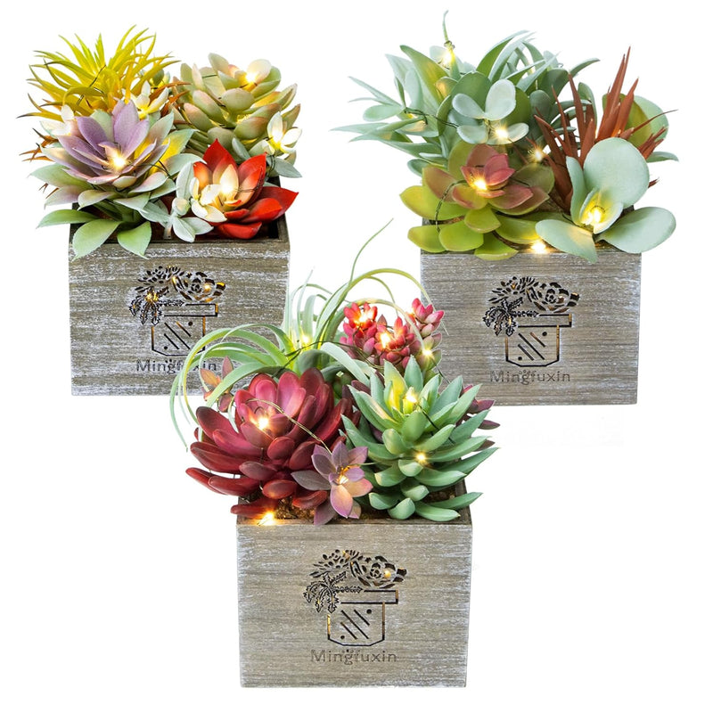 Succulents Plants Artificial In Pots, Small Fake Plants With Led String Light,