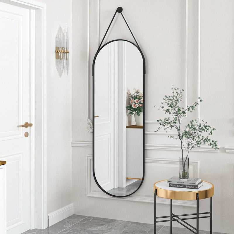 16"X48" Oval Hanging Mirror With Leather Strap Full Length Mirror Aluminum Fra