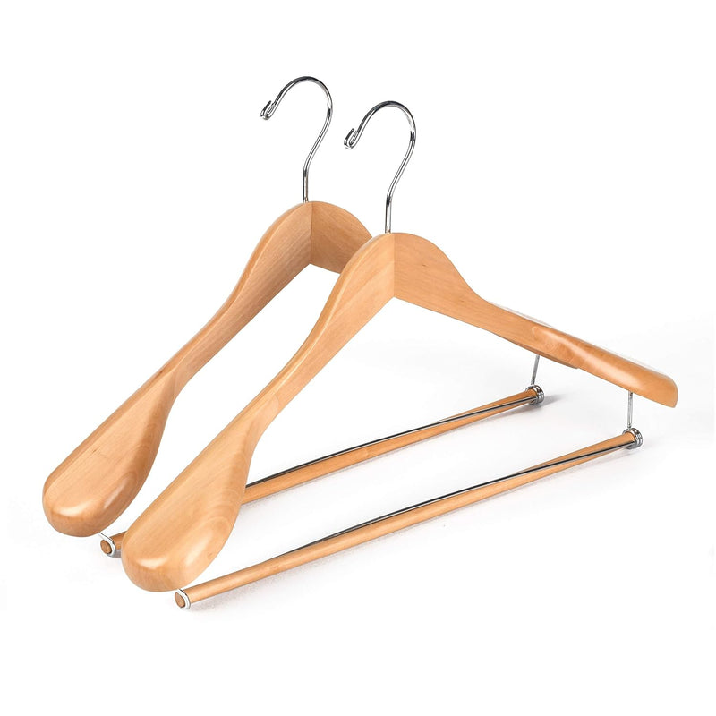 Luxury Wide Shoulder Wooden Hangers 2 Pack, With Locking Bar, Smooth Natural Fin