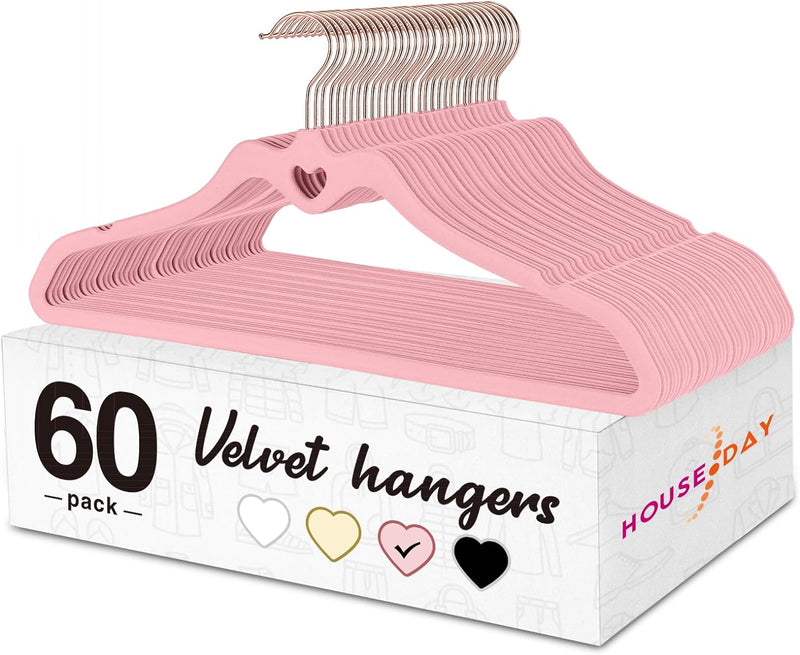 Pink Velvet Hangers 60 Pack, Non Slip Flocked Felt Hangers, Sturdy Velvet Clothes Hangers, Cute Heart Hangers, Heavy Duty Coat Hangers, Ultra Slim Pink Hangers for Closet Space Saving