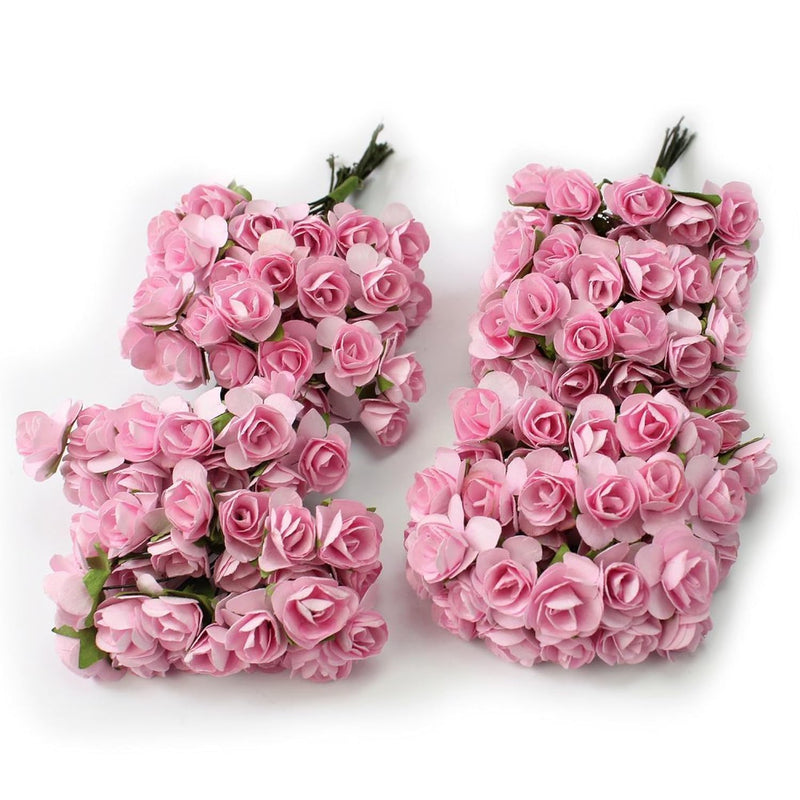 144Pc Beautiful Artificial Paper Rose Flower Wedding Card Embellishment, Pink