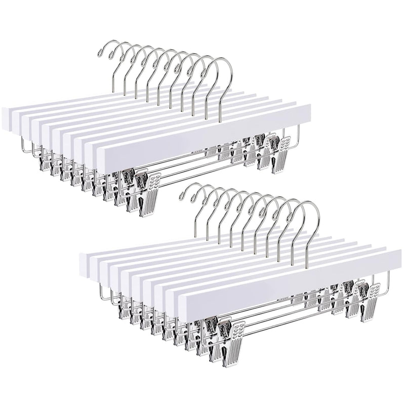 24 Pack White Wooden Pants Hangers With Clips, Wood Skirt Hangers Trouser Hanger