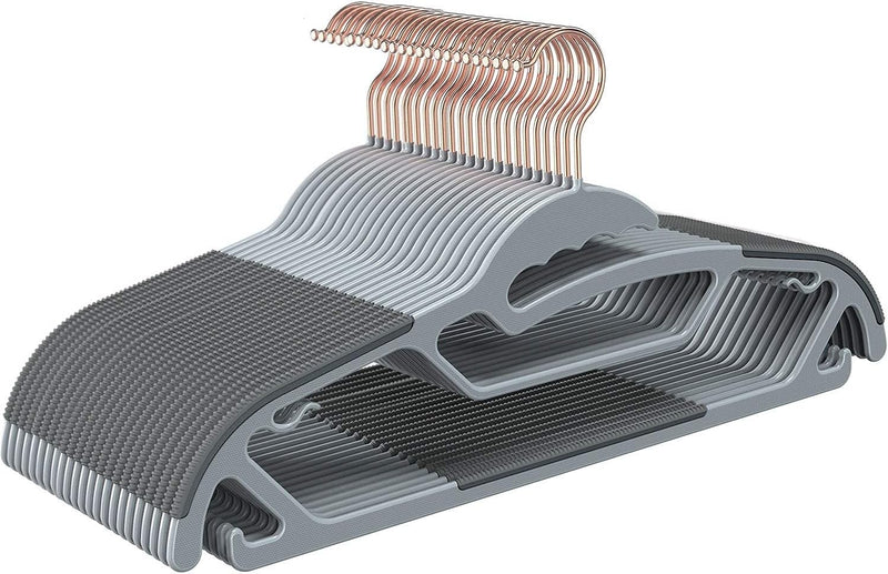 Plastic Hangers, 50 Pack Ultra Thin Non Slip Clothes Hanger Space Saving Coat Hangers, 360°rotating rose gold hook hanger Heavy Duty Pant Hangers (Grey)