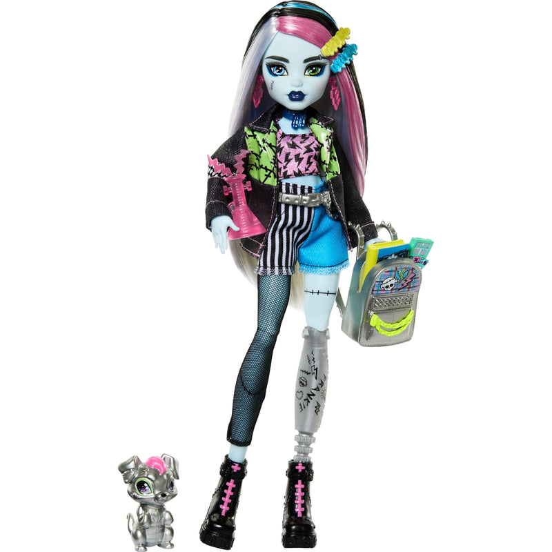 Monster High Frankie Stein Doll in Denim Jacket & Shorts, Includes Pet Dog