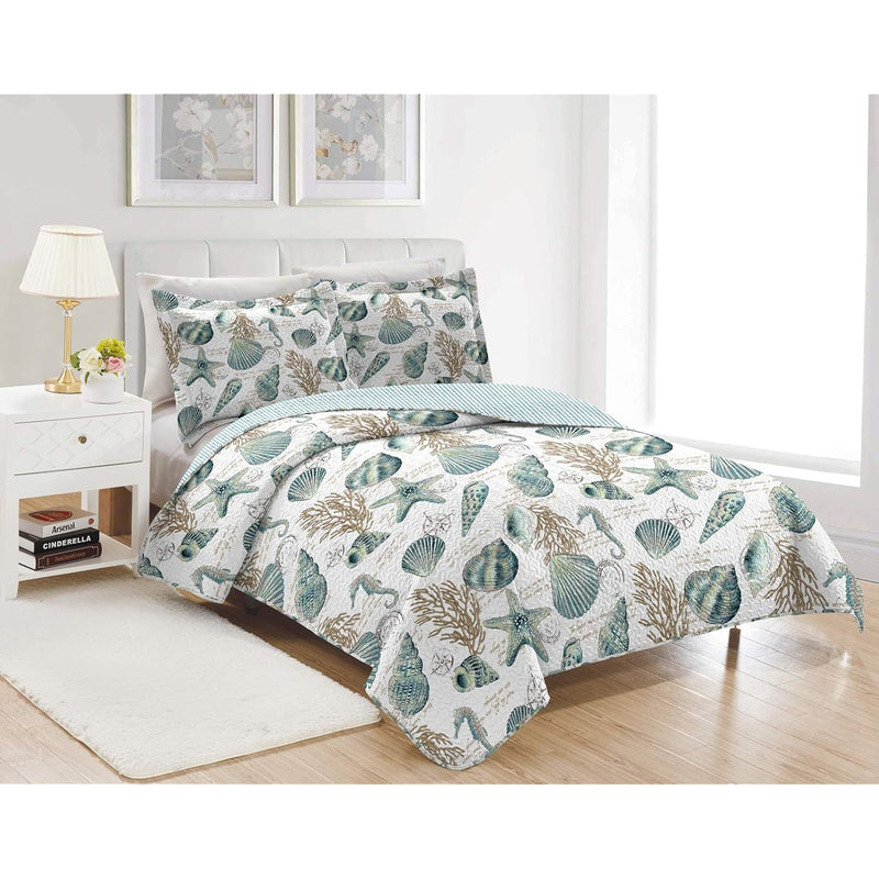 3 Pieces Beach Shell Bedspread Queen Size Ocean Theme Seashell Conch Summer Qu