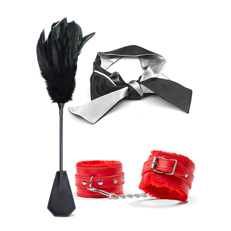 Fuzzy Handcuffs For Grownups Bedroom Sex Blindfold Eye Mask 59" And Sex Tickler Whip Bdsm Hand Cuffs - 3Pcs Bondage Restraints For Bdsm Games