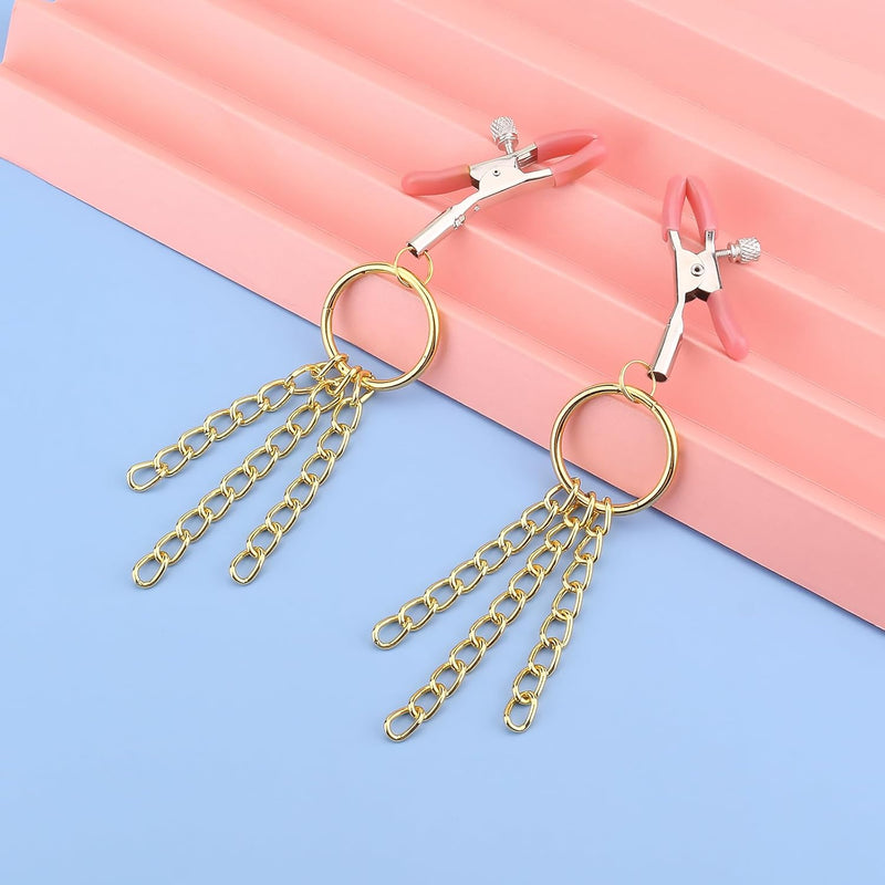 Sexy Nipple Clamps Non Piercing For Women, Adjustable Nipple Clips Weighted With Chain Non Pierced, Decorative Body Jewelry Chain Nipple Toys, Breast Clamps Novelty (Style A, Gold)