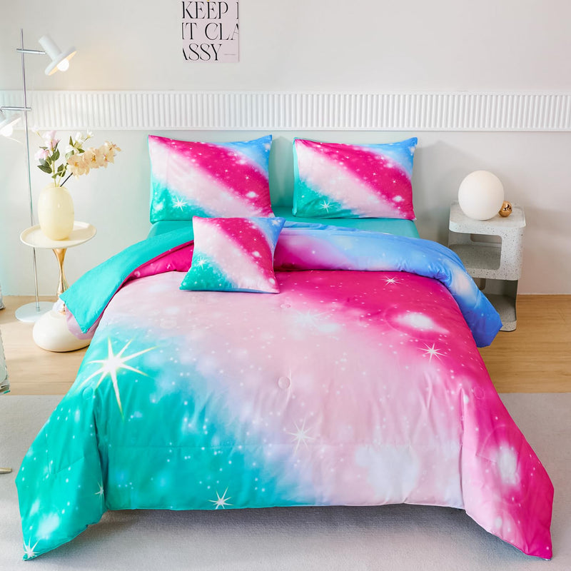 6 Pcs Gradient Glitter Girls Bedding Set Twin, 3D Teal Pink Galaxy Girls Comfo