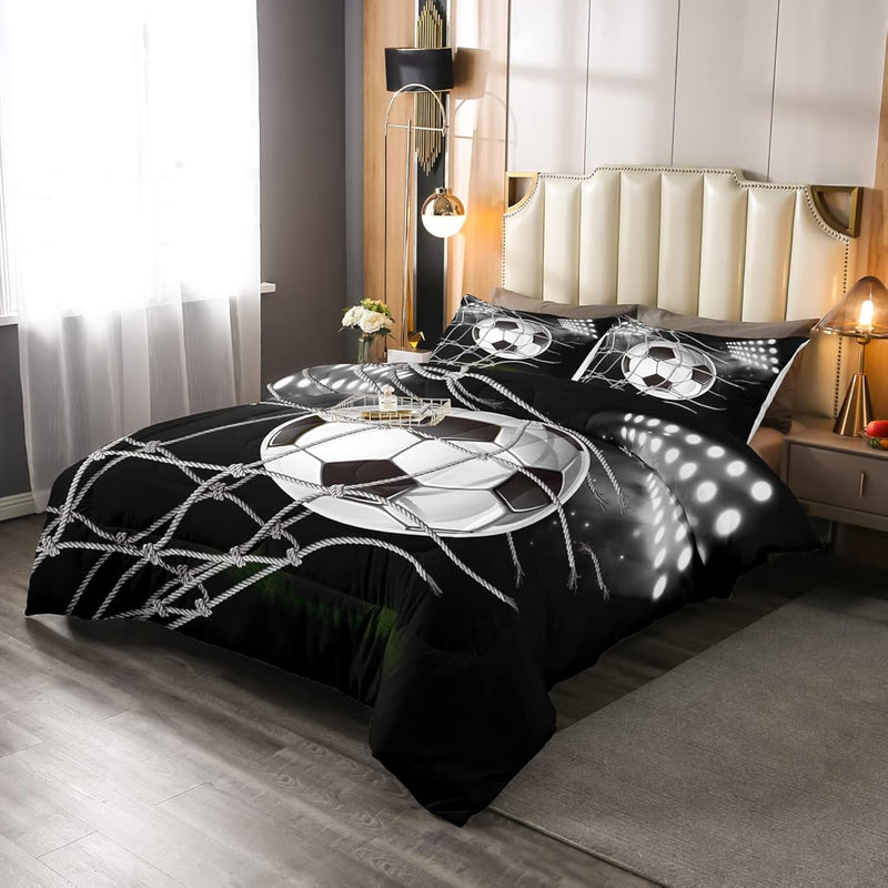 Football Print Bedding Set Boys Black White Soccer Ball Comforter Set For Kids