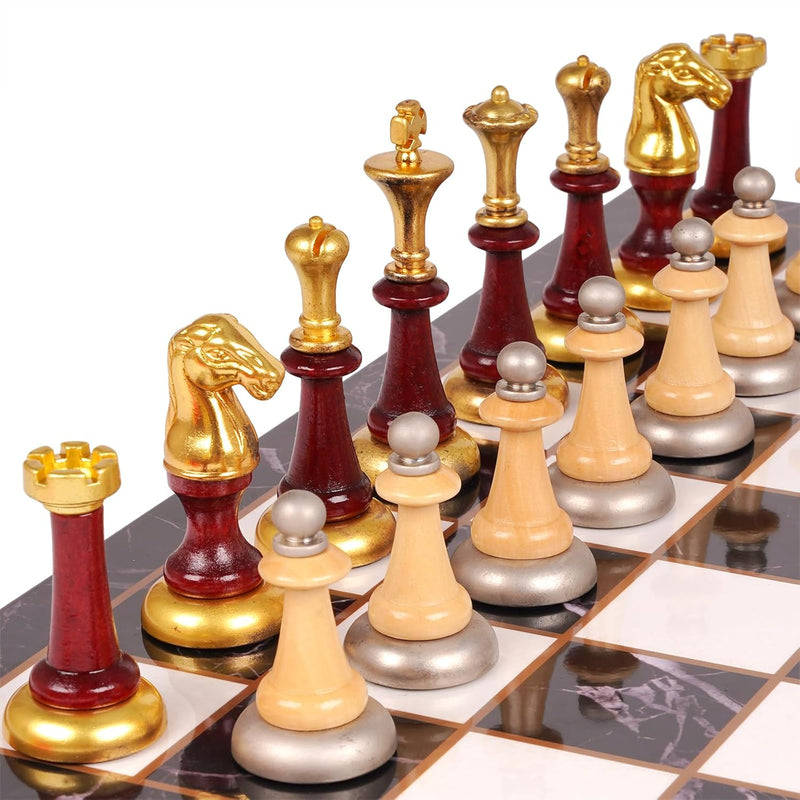 Wooden+Metal Chess Set For Adults And Kids Marbling Chess Board With Chess Pie