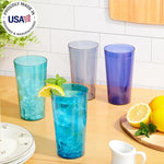 Cafe Plastic Reusable Tumblers (Set of 16) 20-ounce Water Cups Coastal Colors | Restaurant Style Drinking Glasses Value Set, Stackable, BPA-free, Made in the USA | Top-rack Dishwasher Safe