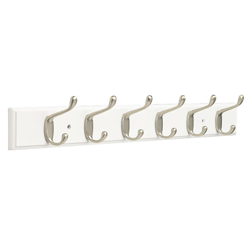 Heavy Duty Hook Rail Wall Hooks 6 Hooks, 27 Inches, White & Satin Nickel Finish,