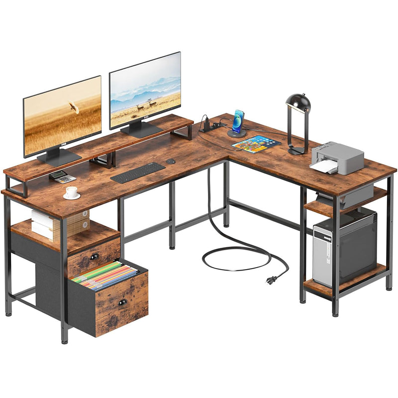 66” L Shaped Desk With Power Outlet, Reversible Computer Desk With File Drawer
