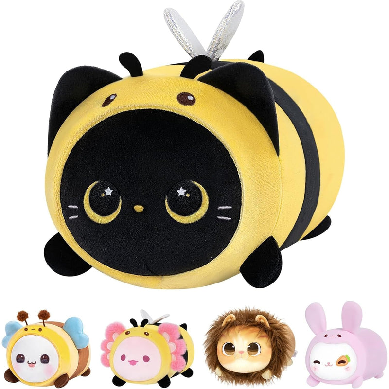 Cute Black Cat Bee Plush Pillow, Kawaii Plushies Bee Stuffed Toy, Kitten Pl