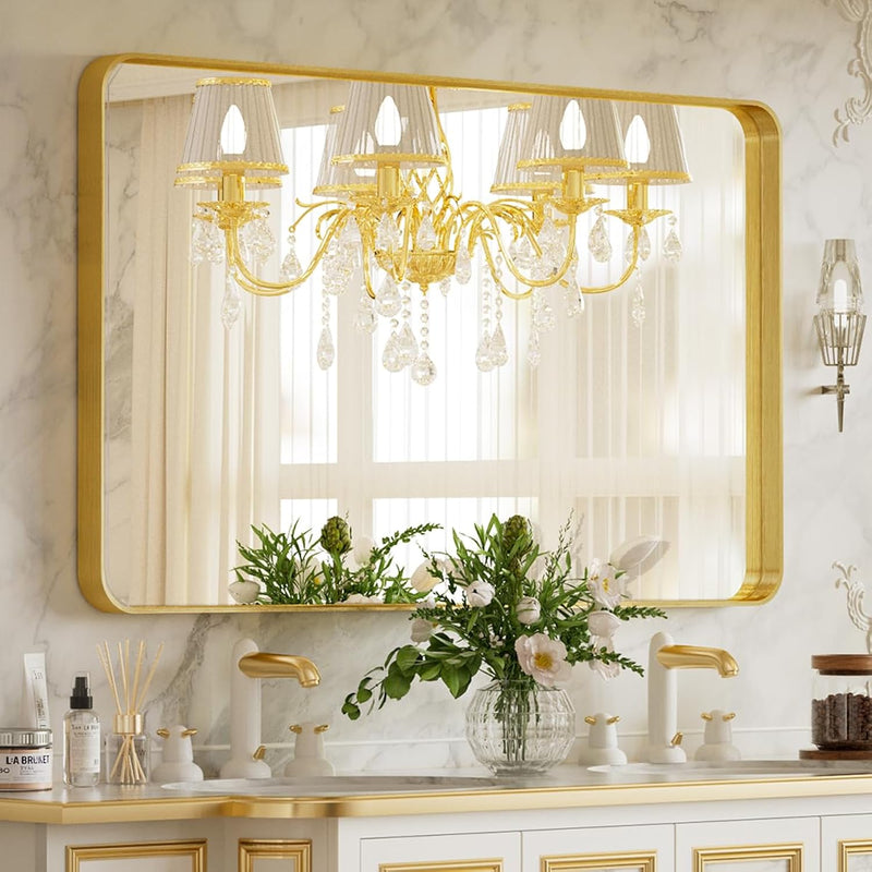 Bathroom Mirror 24X32 Inch, Gold Gorgeous Deep Frame Wall Mirror, Modern Round