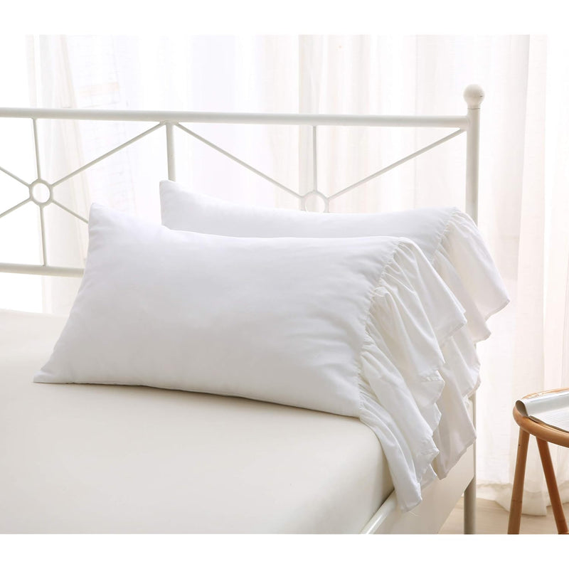 2-Pack Bright White Pillow Cases Shams Covers With Long Ruffles Shabby Chic Eg