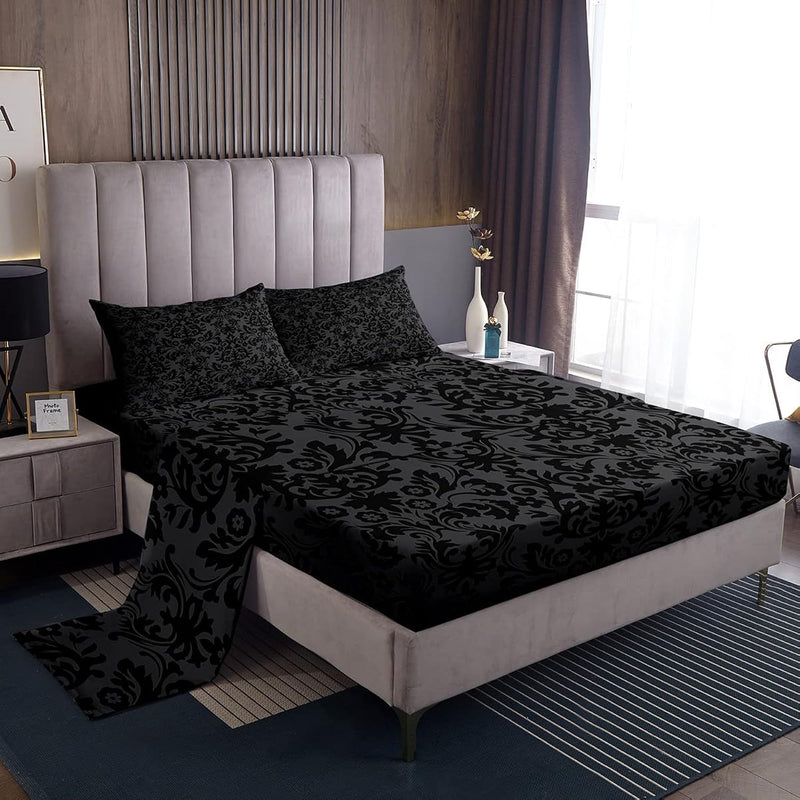 Adults Black Damask Bedding Set Antique Victorian Baroque Bed Sheets Full Size