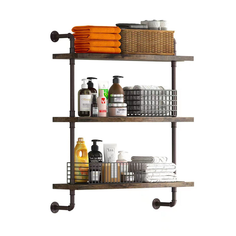 3 Tier Industrial Pipe Shelf Rustic Wood Floating Shelves,Wall Display Bookshe