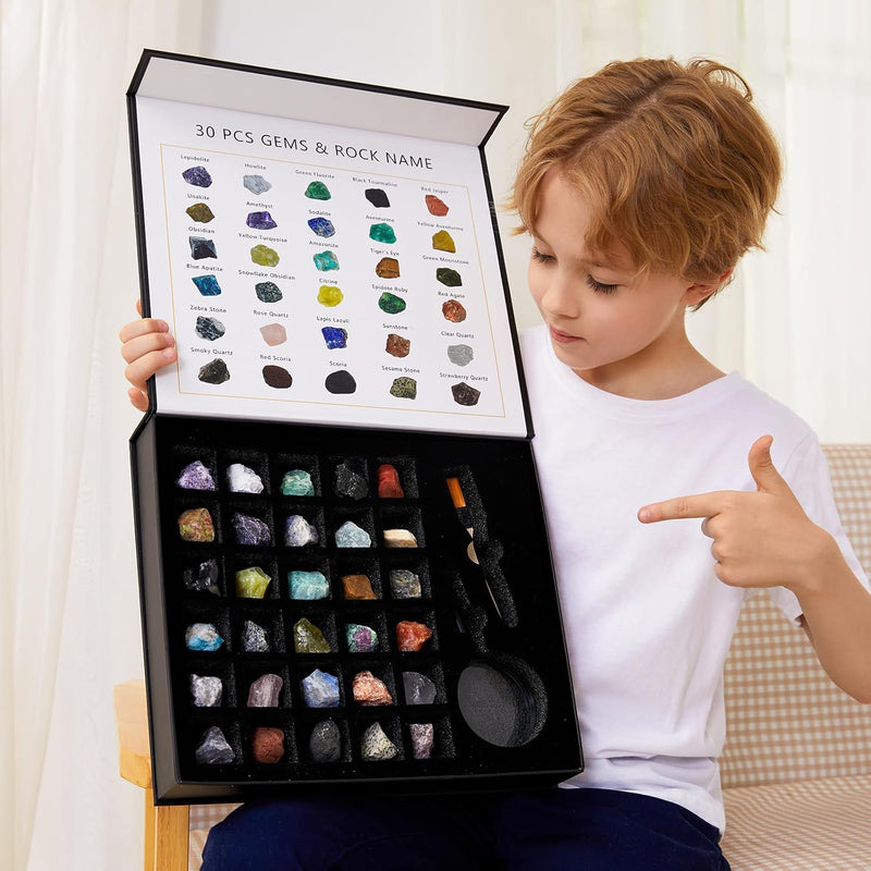Rock Collection For Kids 30 Pcs Rocks, Gemstones & Crystals Kit With Learni