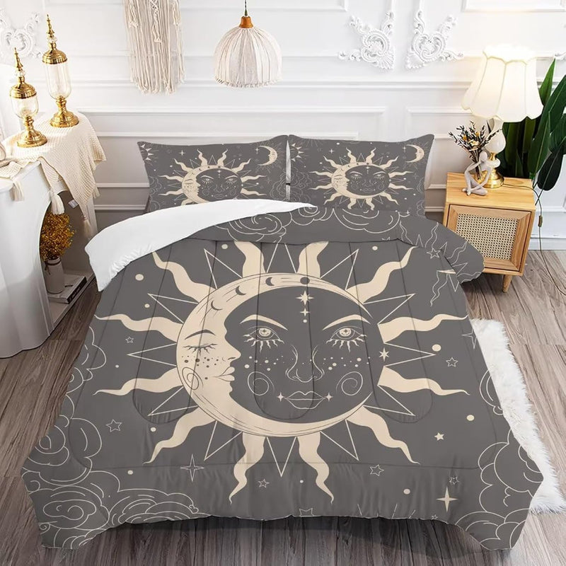 Grey Sun And Moon Comforter Set Twin Size For Girls Women Kids Boho Celestial