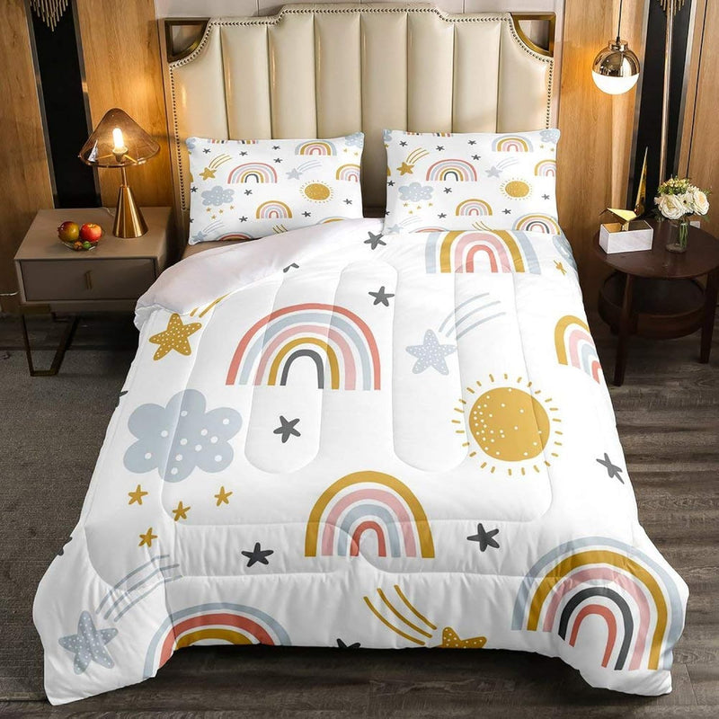 Girls Rainbow Bedding Set, Sun And Stars Comforter Set Twin Size For Kids Boys